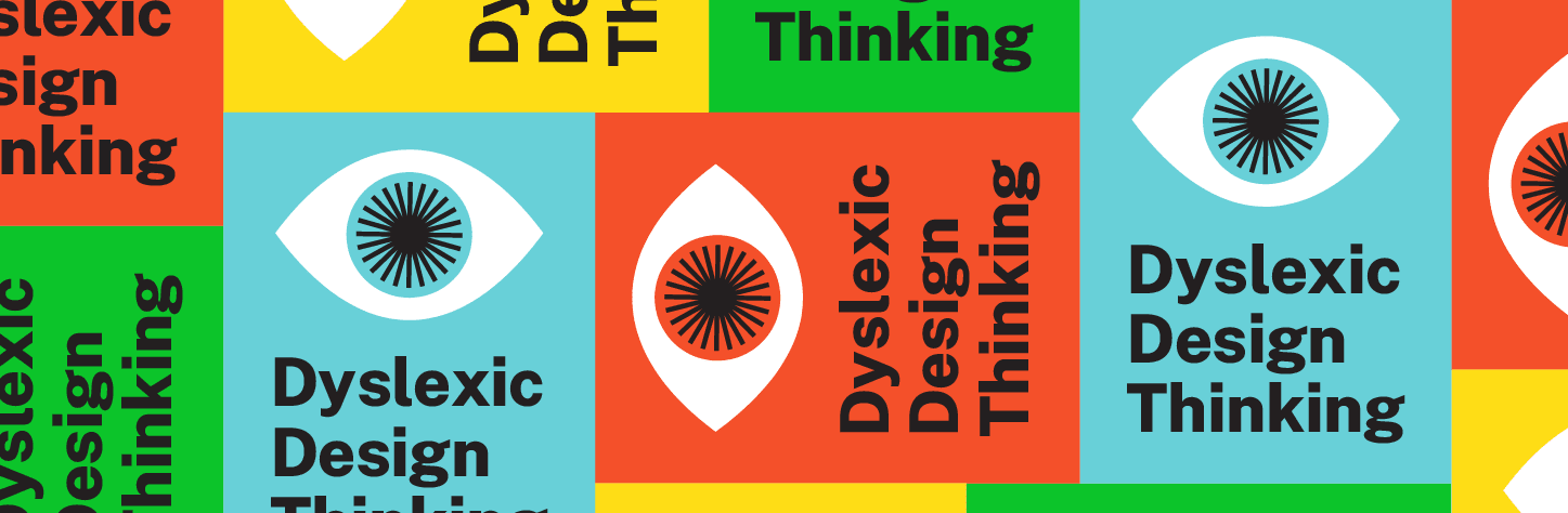 The banner for Dyslexic Design Thinking, made up of red, green, yellow and blue squares, each with a design of an open eye.