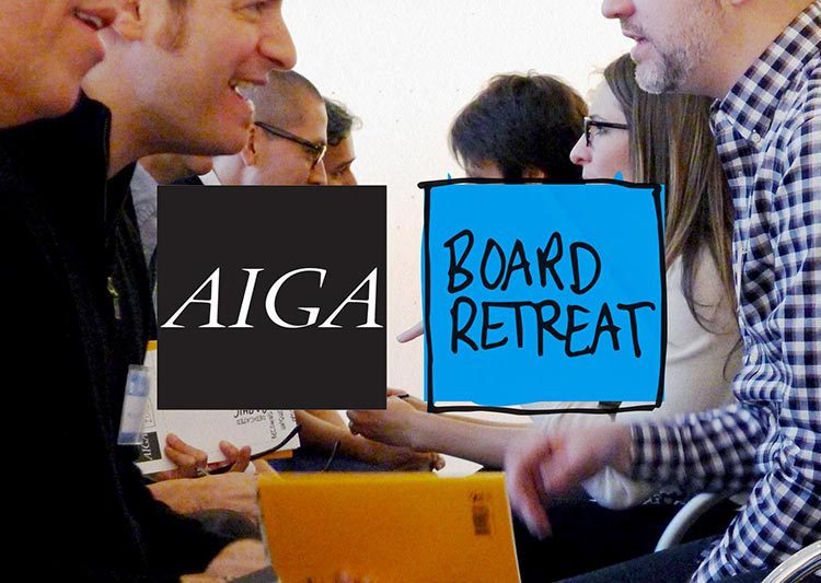 Two rows of people facing each other speak animatedly. The AIGA board retreat logo is superimposed over the photo.