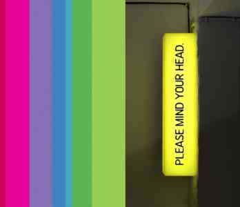 Diptych of the BBC logo and a yellow sign that reads, "Please mind your head."