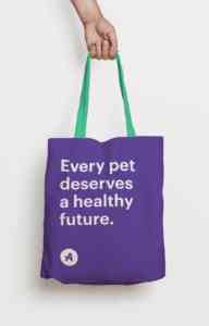 A light-skinned hand holds a purple Antech tote bag that reads, "Every pet deserves a healthy future."