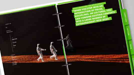 Close-up view of the Launch Lab curriculum. 3 astronauts walk across a dark landscape.