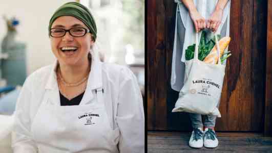 Diptych of a laughing woman wearing a Laura Chenel apron, and a person holding a branded Laura Chenel tote.