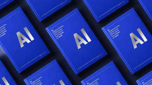 Copies of "AI, Augmentation, Intellectual Diversity and the Future of Work" laid out in a geometric pattern. The book is blue with silver lettering.