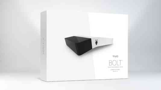 TiVo Bolt packaging. One half of the image is black; one half is white.