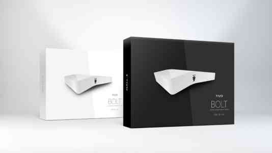 TiVo Bolt packaging in black and white.
