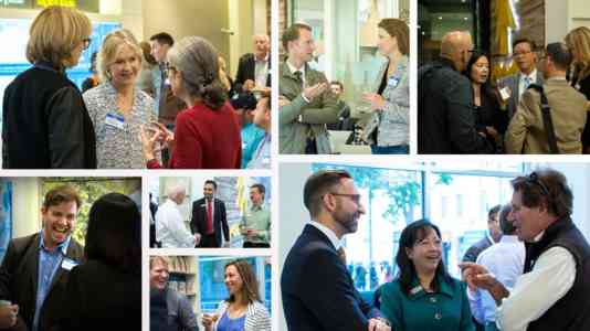 Photo collage of people attending a conversation series hosted at Umpqua Bank.